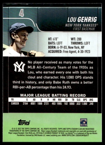 Lou Gehrig 2022 Stadium Club Chrome 4 New York Yankees Baseball Card - Picture 2 of 2