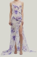 $2100 Bach Mai Women's Purple Floral-Print Draped Bias Gown Dress Size L