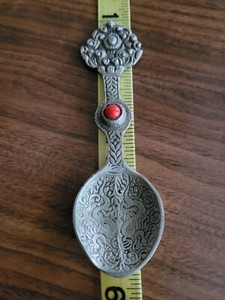 Antique Turkish Cafe Spoon Cast Silver Metal With Coral Stone