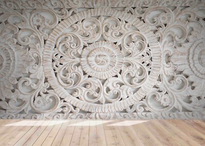 3D Floral Plaster Pattern White Self-adhesive Removeable Wallpaper Wall Mural1