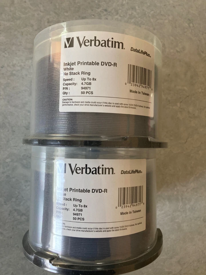 Qty 100 Verbatim 8X White Inkjet Disks Printable DVD-R 94971 DataLifePlus - Image 2 of 3