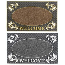 JVL Welcome Metallic Look Floral PVC Entrance Floor Door Mat, Gold/Silver