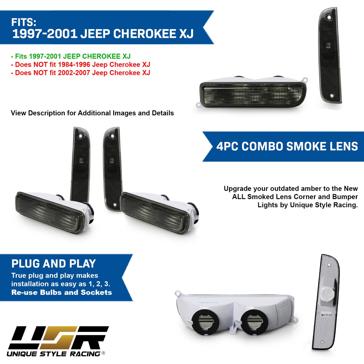 Azumka Smoke Lens Signal Light Combo Set For Jeep Cherokee XJ (1997-2001) - 4 Piece Corner & Bumper Lights