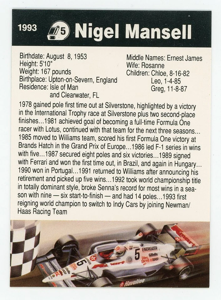1993 K-mart Nigel Mansell Texaco Havoline Racing Card - Image 2 of 2
