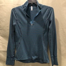 GapFit Womens Size Medium Long Sleeve Teal And Black Striped Activewear 1/4 Zip