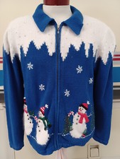 Vintage Croft  Barrow Christmas Snowman Knitted Full Zip Sweater Women's Large