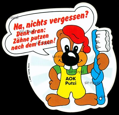 Advertising Stickers - AOK Putzi Beaver Brushing Teeth - 13x13cm - Vintage 80s