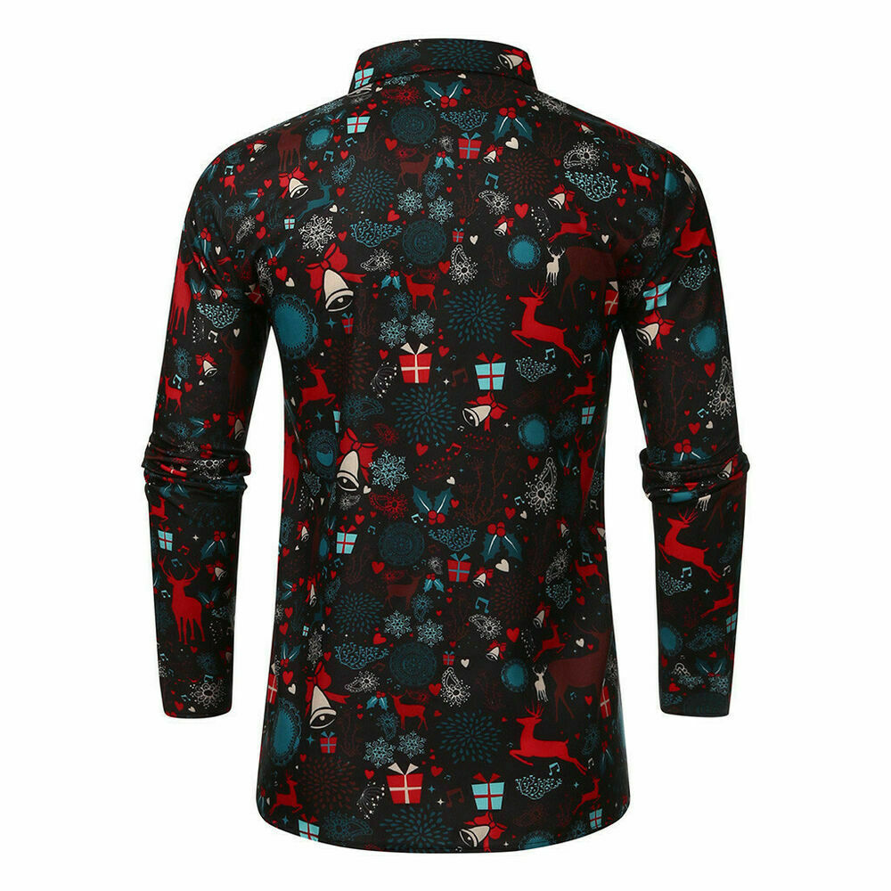 MEN CHRISTMAS BUTTON DOWN SHIRT LONG SLEEVE COLLAR TOPS XMAS CASUAL