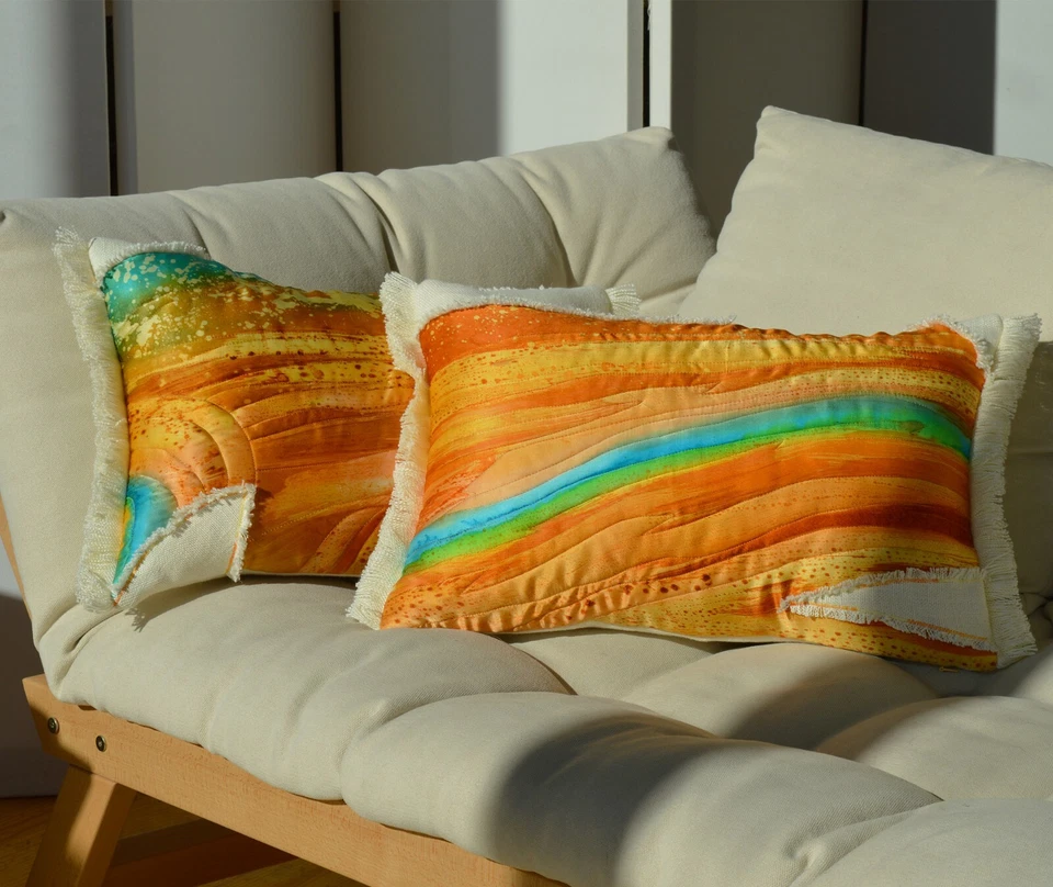 Fabric17 Silk & Linen Lumbar Pillow Cover 13x20". Hand Painted and Quilted Silk - Image 4 of 4