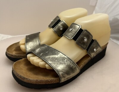 Naot Ashley Distressed Gold Leather Wedge Rhinestone Strap Sandal Sz 40EU  US