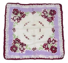Vtg Handkerchief Burgundy Flowers Purple White Cotton 11 1/2 x 12  As Is Stains