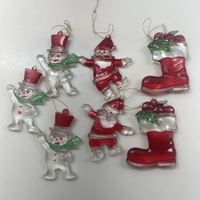 7 Vintage Lucite Acrylic Christmas Holiday Ornaments Santa  Snowman  Boot 3.5  