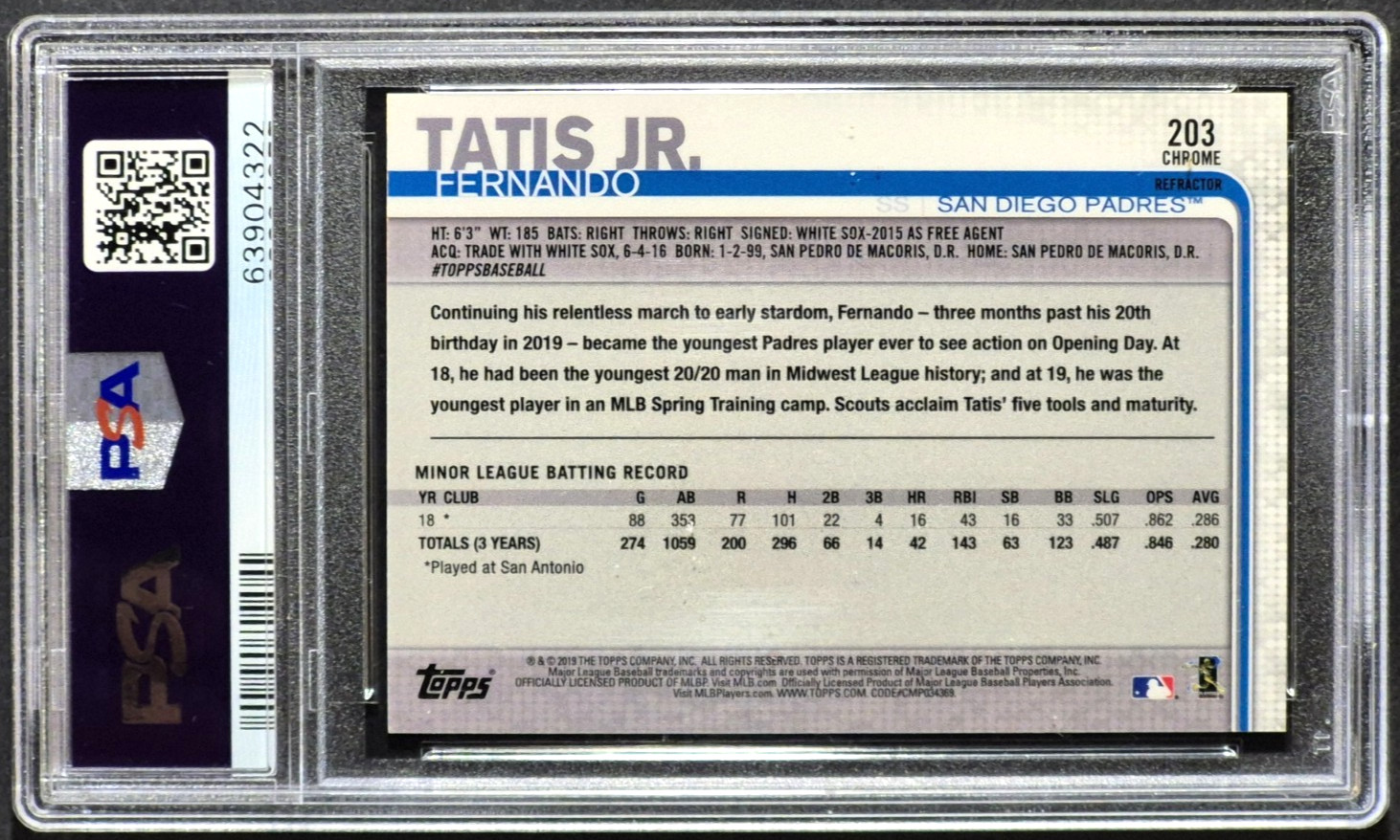 2019 Topps Chrome Fernando Tatis Jr ROOKIE CARD RC #203, REF REFRACTOR, PSA 9 view 2