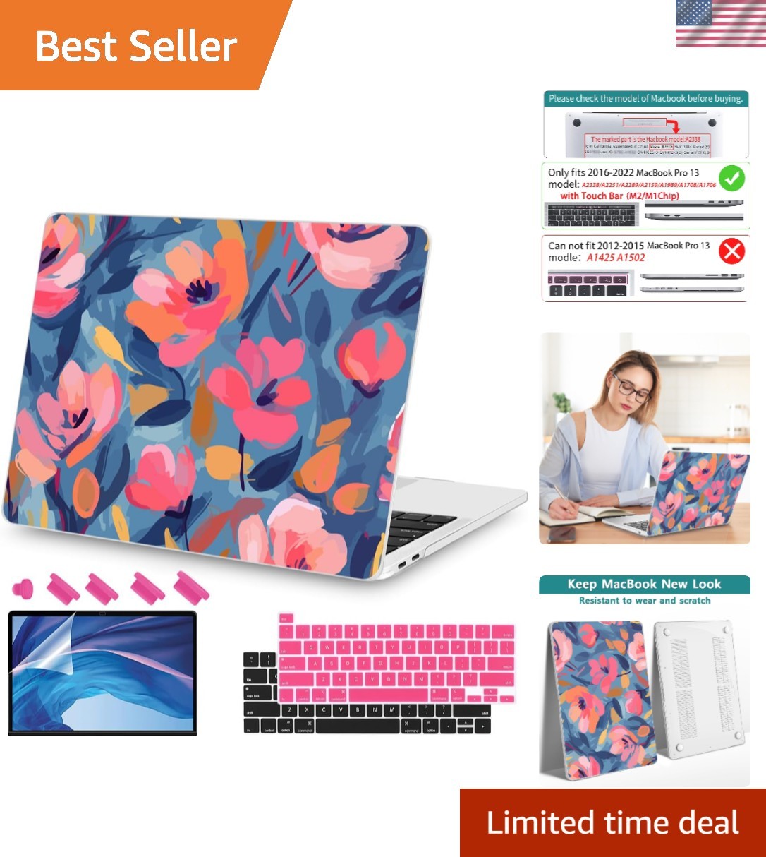 Complete 4-in-1 Protection Bundle: Floral MacBook Pro Case & Keyboard Cover