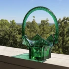 Fenton Green Art Glass Vulcan Basket roped handle 8 inches tall