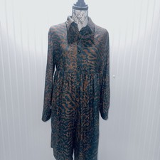 Brown Black Animal Print Collared Button Front Midi Shirt Dress Long Sleeve