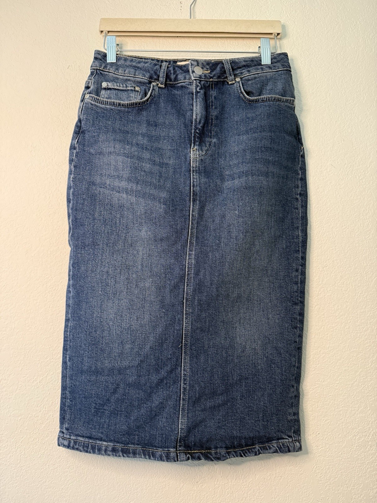 Anthropologie Pilcro Size 2 Dark Wash Denim Midi Pencil Stretch Skirt Split Hem
