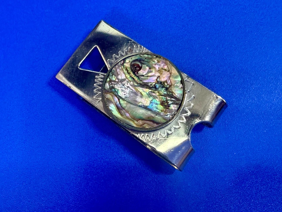 Round Abalone Shell Mother of Pearl Vintage Signed Mexico Money Clip - Image 3 of 4