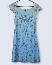 SHEIN Light Blue Floral Mesh Sheer Fit & Flare Mini Dress Flutter Sleeve S