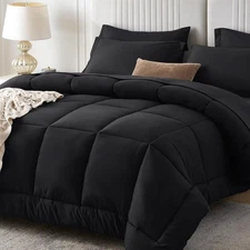 Queen Comforter Set, Black 7 Pieces Bed in a Bag Queen, Complete Bedding Set Inc