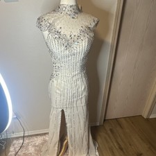 Ivory Beaded Sequin Mesh High Neck Sleeveless Lined Formal Gown Long