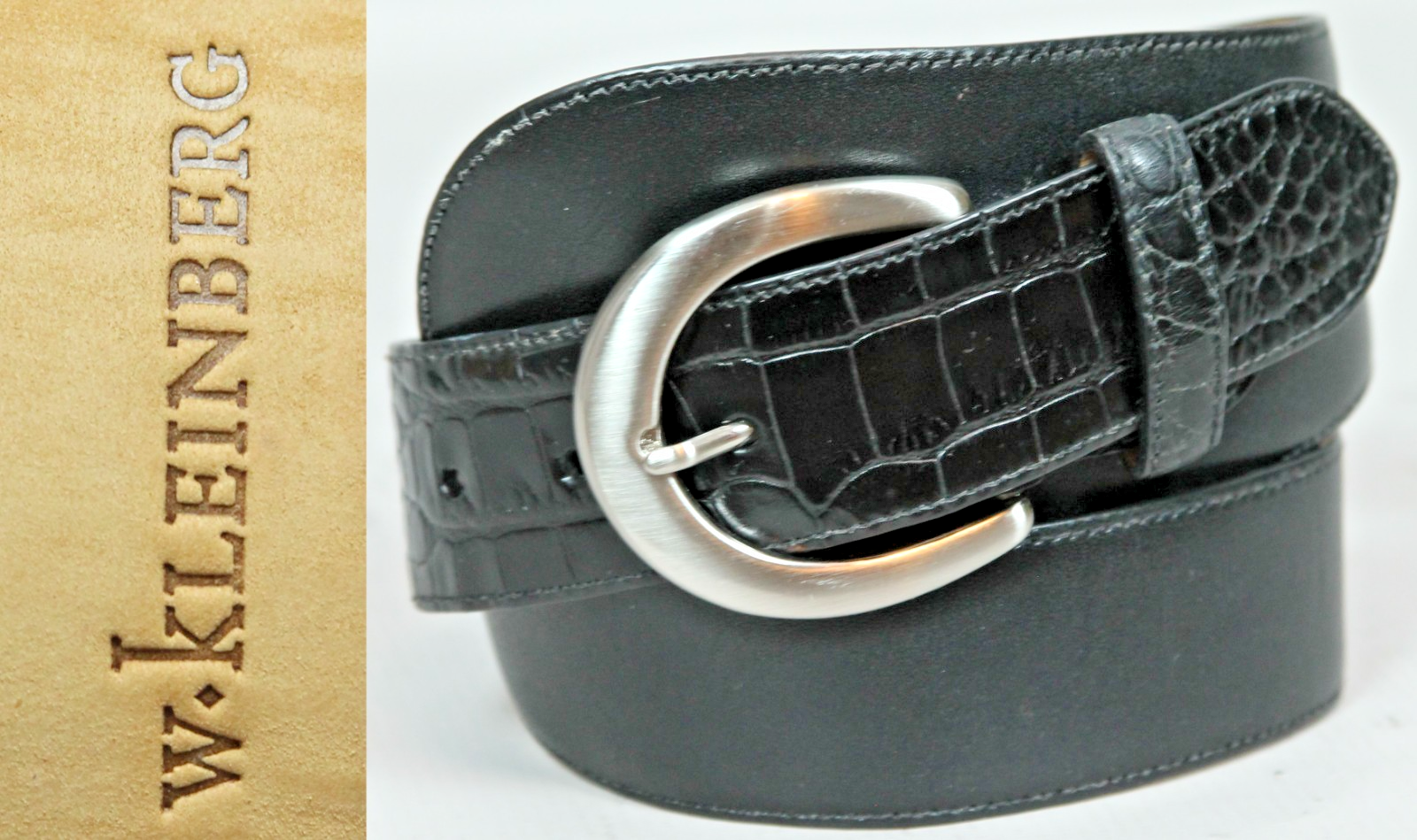 W KLEINBERG Black Exotic Alligator Croc Wide Cinch Waist Belt Brass Ring S
