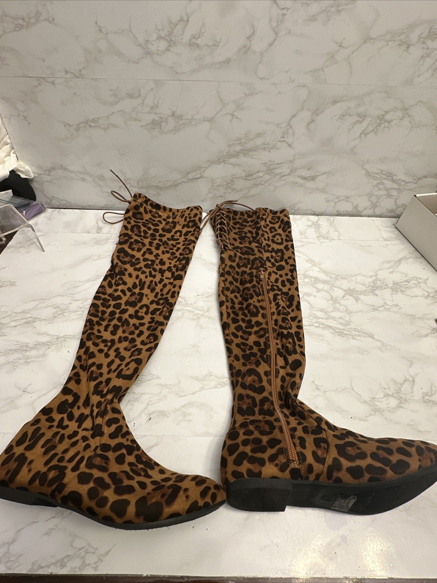 Nature Breeze Brown Animal Print Fabric Flat Over the Knee Boots