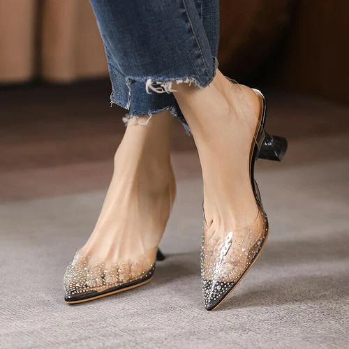 Damenschuhe durchsichtig Strass spitz zulaufend Riemen Pfennigabsatz Fersenriemen Pumps - Bild 10 von 19