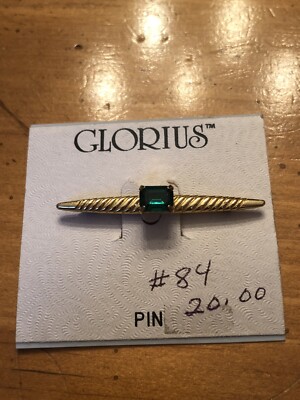 Vintage Gold Tone Metal Glorius Green Stone Brooch Pin Lapel Piece