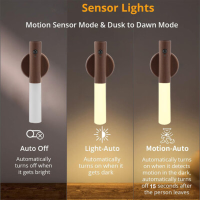 2 Pack Natural Wood LED Light Magnetic Base Motion Sensor Night Lamp Lighting
