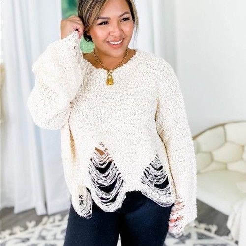 Pol distressed popcorn sweater cream 