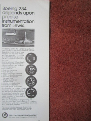 3/1982 PUB LEWIS ENGINEERING INDICATOR INSTRUMENT BOEING 234 BRITISH AIRWAYS AD