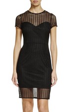 AQUA ~ Black Illusion Lace Sweetheart Short Sleeve Sheath Party Dress S NEW $88