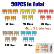 Mixed Micro3 3 Prong ATL Blade Fuses Assortment Kit 5A 7.5A 10A 15A 20A 50PCS