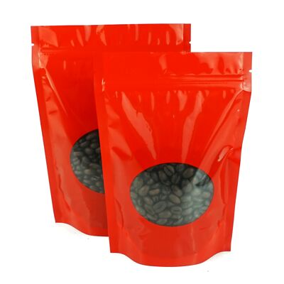 Pack of 50 Red Coffee Packaging Stand Up Bags with Degassing Valve Clear Window