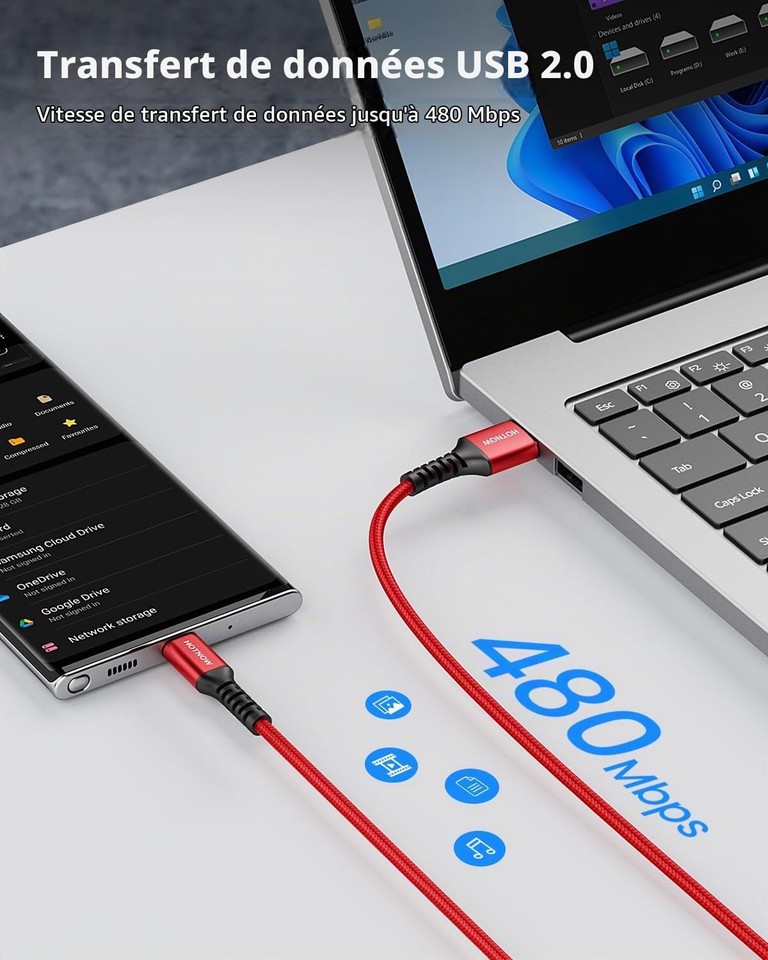 Câble USB a vers USB C 50 cm Lot de 3 3A Cordon USB Type Bleu + Vert ...
