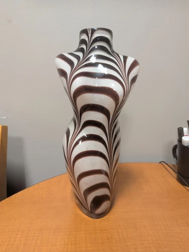 Vintage Murano Style Glass White And Brown  Zebra Stripe Female Torso Vase  14"
