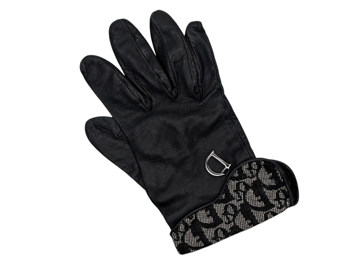 Christian Dior Trotter Line Gloves Canvas Jeepskin D Charm Navy Black Auth Used thumbnail 3