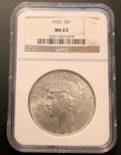 1923 Peace Dollar US Coin 90% Silver NGC MS 63
