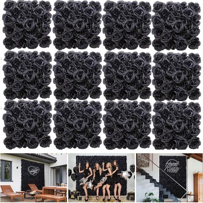 Black Flowers Wall, Silk Rose Flower Panels, Background for Welcome Table, Pa...