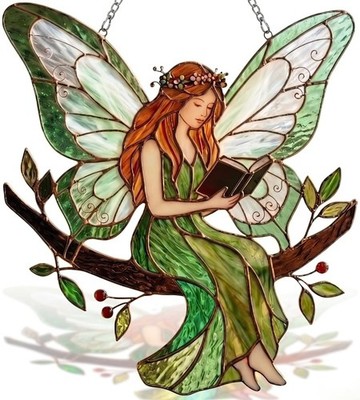 Fairy Reading Book Acrylic Suncatcher 4.5 Inch Stained Style