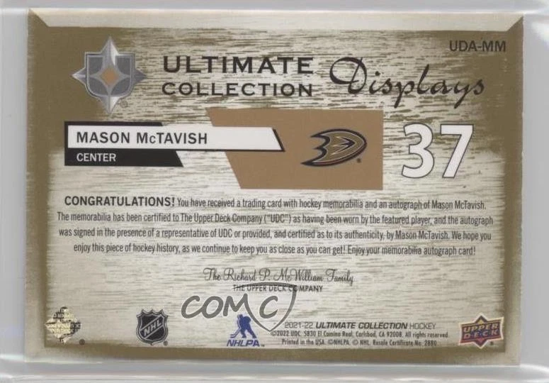 2021 Upper Deck Ultimate Collection /35 Mason McTavish RPA Rookie Patch Auto RC - Image 2 of 2