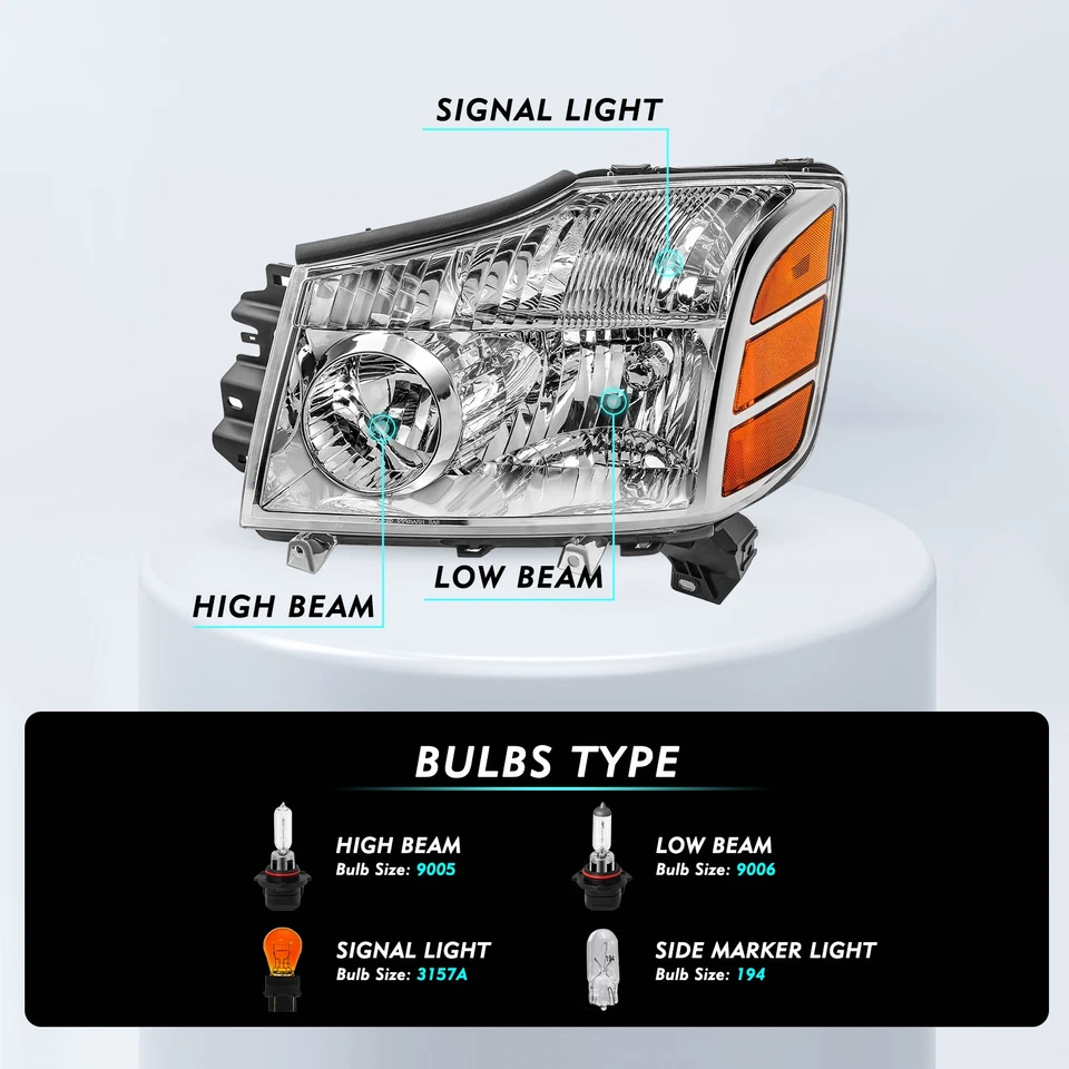 For 2004-2015 Nissan Titan/2004-2007 Armada Chrome Headlights Lamps Left+Right  - Image 2 of 4