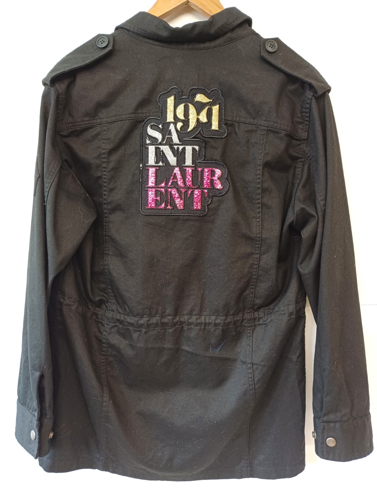 Cappotto parka Saint Laurent retro glitter logo nero giacca leggera taglia large