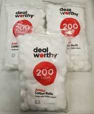 3 Bags: Deal Worthy Jumbo Cotton Balls 200 Cotton Balls Each E13F