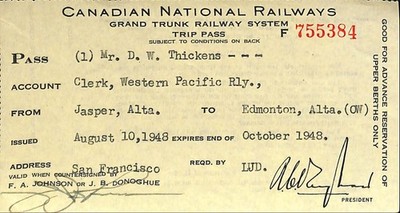 Canadian National Grand Trunk Railway - Railroad Trip Pass - 1948