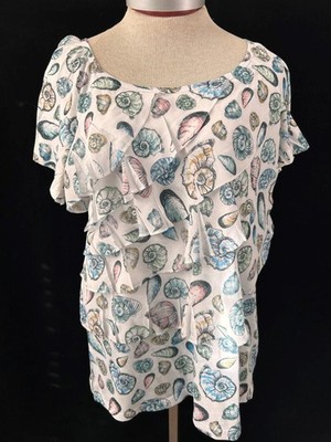 Indigo Soul top size XL short sleeve multicolor beach shells ruffled pullover