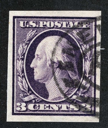 US Sc 345 Violet 3¢ 1908 Imperf DLWm Used Blk NY Oval Parcel Cancel