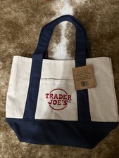 Trader Joe's Foldable Reusable Tote Beige Navy Blue Cotton Polyester