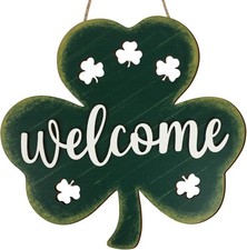 St Patricks Day Shamrock Door Sign, Wooden Vintage Welcome St Patricks Day Decor